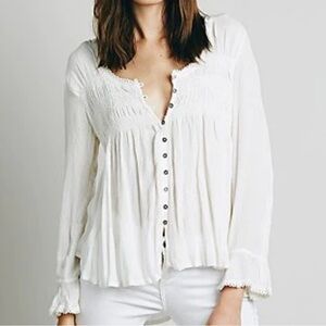 Free People Blue Bird Cream Smocked Blouse